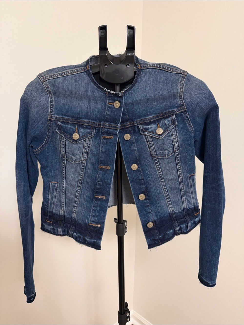 LOFT Dark Blue Distressed Cropped Denim Jacket